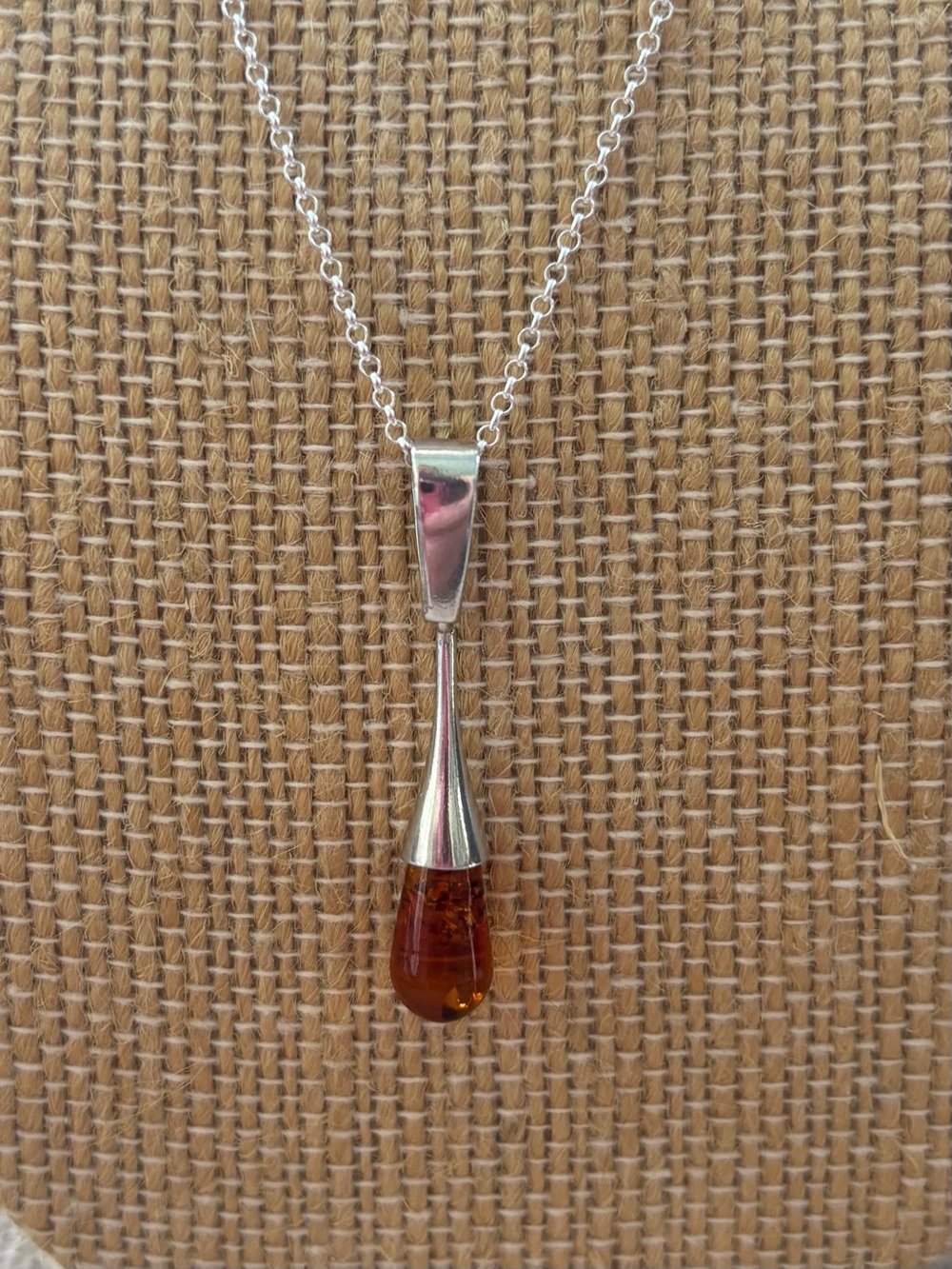 Sterling Silver Amber Drop Pendant Necklace 18” Rolo Chain